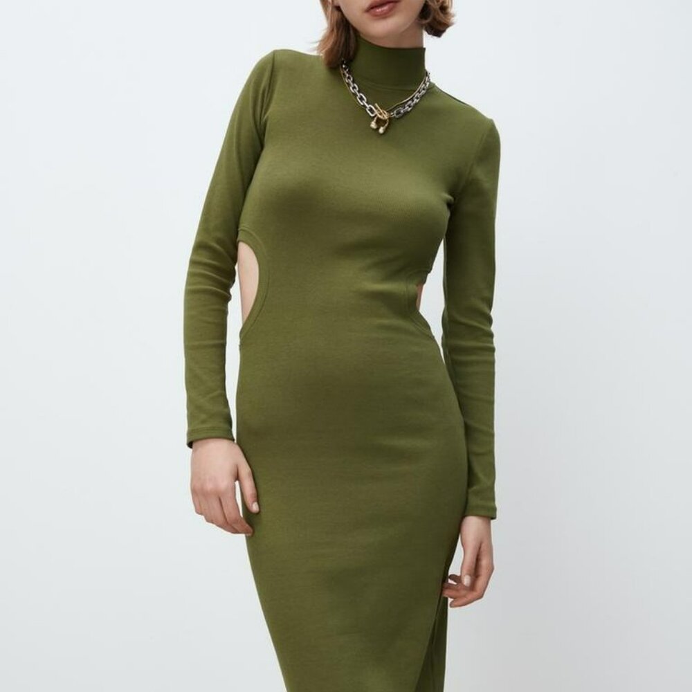 Zara Ribbed Cut-Out Dress - high neck, long sleeve NWT